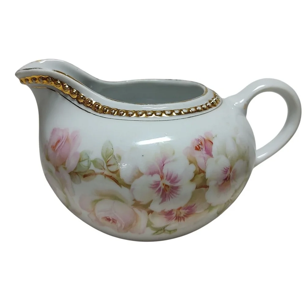 Antique PK Silesia Creamer and Covered Sugar Bowl Floral Rose Gold‎ Trim Poland